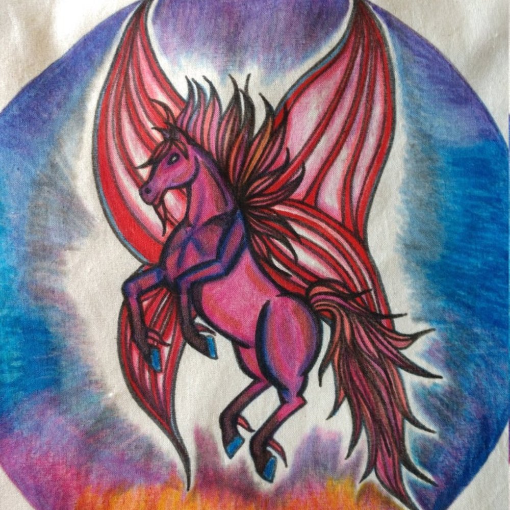 Hand Made Tote Bag W/ Hand Painted Pink Winged Horse Sustainable Eco Friendly